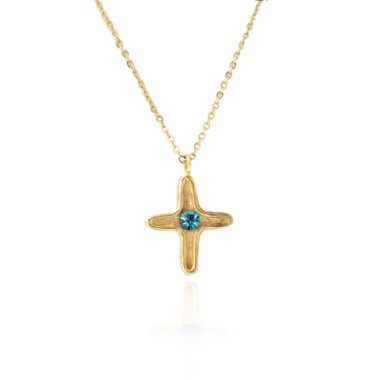 brass cross with turquoise diamond stone, stainless steel chain, sunny designs, handmade cross, χειροποίητα κοσμήματα φτιαγμένα στην ελλάδα αλυσίδα απο ατσάλι κολιε σταυρος 40cm με γαλαζια πέτρα