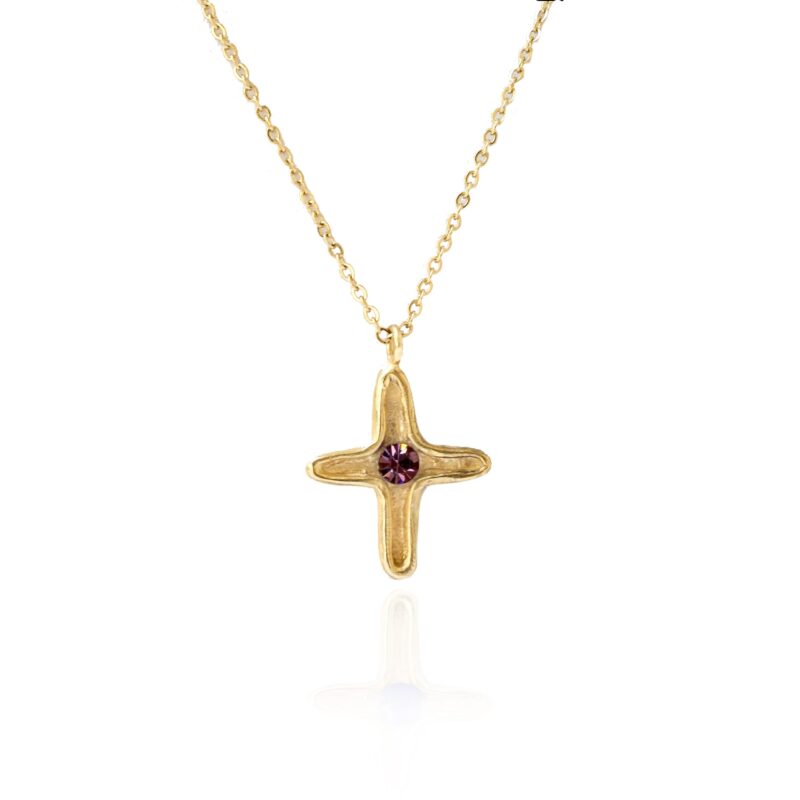 brass cross with purple diamond stone, stainless steel chain, sunny designs, handmade cross, χειροποίητα κοσμήματα φτιαγμένα στην ελλάδα αλυσίδα απο ατσάλι κολιε σταυρος 40cm με μωβ πέτρα