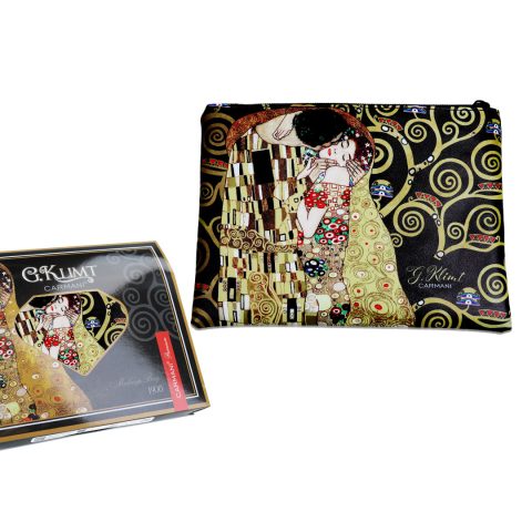 Cosmetic bag - G. Klimt, The Kiss carmani , tsanta gia kallintika me thema the kiss dermatini teleio oikonomiko dwro