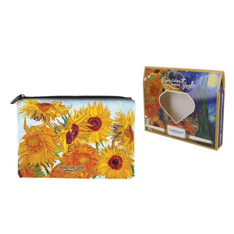 Sunflowers, V. Van Gogh, cosmetic bag carmani, oikonomiko teleio dwro gia gunaikes tsanta gia kallintika me thema tou v. van gogh iliotropia