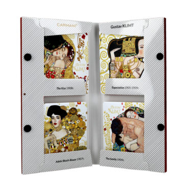 Set of 4 cork pads - G. Klimt, white background, packaging adele the kiss family klimt paintings, set of 4, souver gia potiria me felo sto katw meros me erga toy klimt
