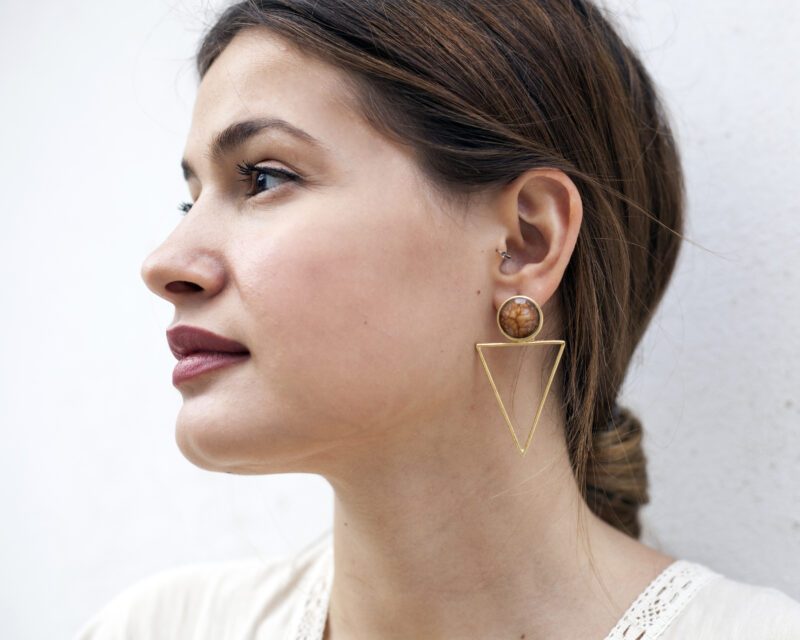 Large Triangle earrings with Brown stone | Sunny Designs - Image 2