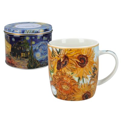 Mug in metal tin - V. van Gogh, Sunflowers, (CARMANI) porselani suskeuasia tsiggino kouti koupa 350ml oikonomiko dwro me gousto
