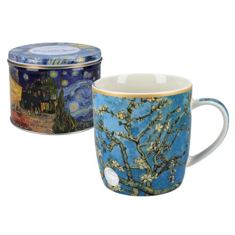 Mug in metal tin - V. van Gogh, Almond Blossom, (CARMANI) porselani suskeuasia tsiggino kouti koupa 350ml oikonomiko dwro me gousto