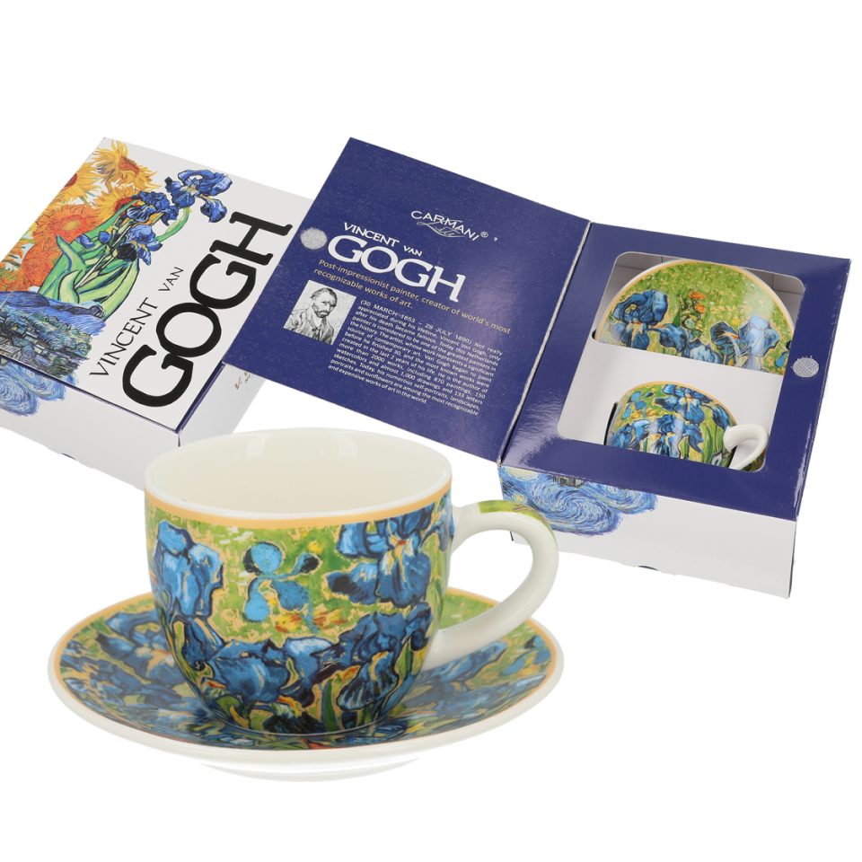 Espresso cup and saucer - V. van Gogh, Irises (CARMANI) flitzani espresso porselani, flitzani ellinikou kafe