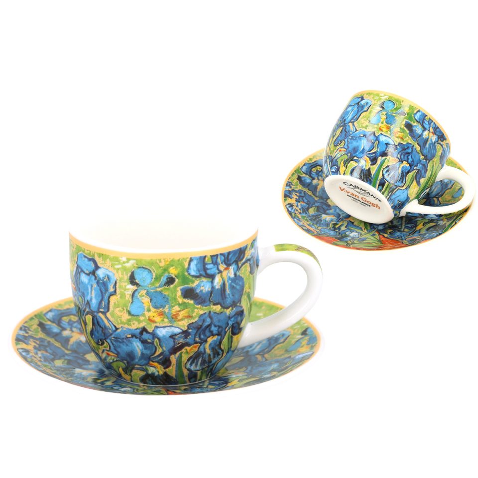 Espresso cup and saucer - V. van Gogh, Irises (CARMANI) flitzani espresso porselani, flitzani ellinikou kafe