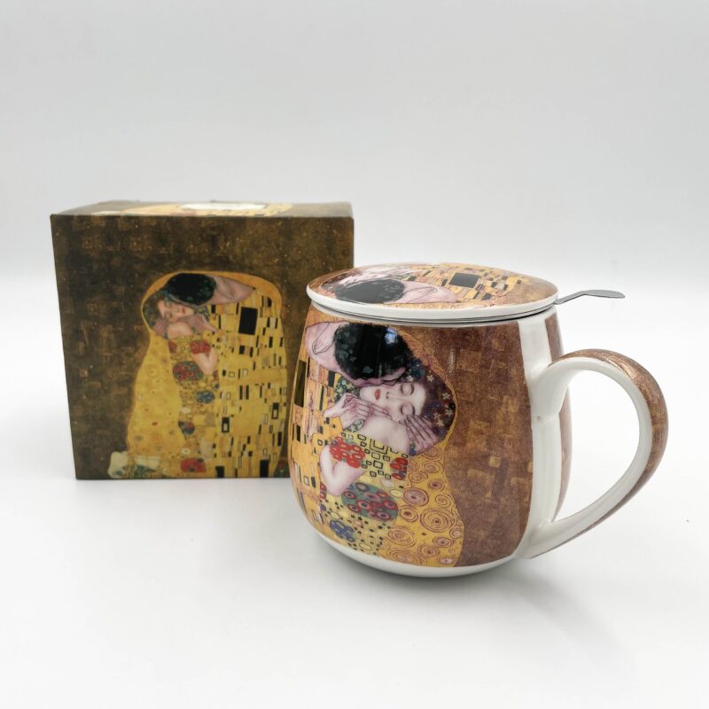 Κούπα με φίλτρο και καπάκι - The Kiss, Gustav Klimt, συσκευασία δώρου, εικαστικά δώρα, δώρα τέχνης, χρήσιμα δώρα , φλιτζάνι με κούπα πορσελάνι , δωρα μοσχάτο, γκαλερί Αθήνα