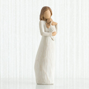 8.5”h hand-painted resin figure Standing figure in cream dress, holding infant in cream blanket to her chest Packaging box includes enclosure card for gift-giving Dust with soft cloth or soft brush. Avoid water or cleaning solvents, Angel of Mine So loved, so very loved willow tree,