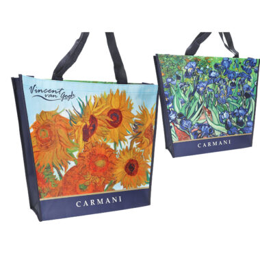 Shoulder bag - Vincent van Gogh, irises and sunflowers (CARMANI), tsanta omou me pinaka zografikis tou mucha idaniki gia super market kai alles xriseis gia oli tin hmera oikonomiki tsanta gia olh mera