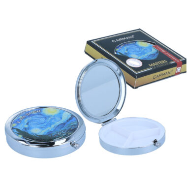 Round pill box with mirror - V. van Gogh, Starry night (CARMANI), θηκη για χαπια με καθρεπτη με εργο τεχνης
