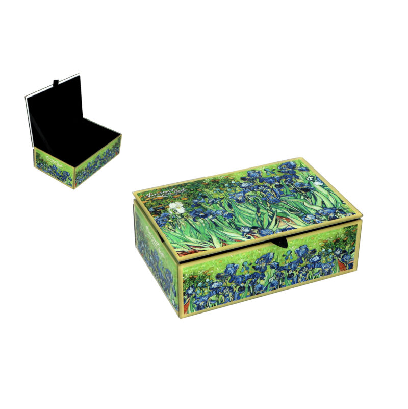 κουτι κοσμημάτων γυάλινο με έργο ζωγραφικής του βαν γκογκ ηλιοτρόπια, με βελούδο εσωτερικά Jewelry glass box - V. van Gogh, sunflowers (Carmani) ομορφο και χρηστικό δώρο, ιδιαίτερο μοναδικό δωρο, μοσχάτο, μπιζουτιέρα για δώρο, ιριδες μπιζουτιερα βαν γκογκ