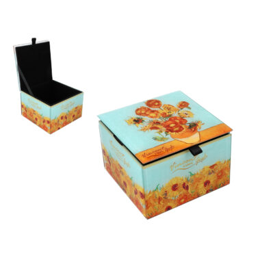 10x10x7cm κουτι κοσμημάτων γυάλινο με έργο ζωγραφικής του βαν γκογκ ηλιοτρόπια, με βελούδο εσωτερικά Jewelry glass box - V. van Gogh, sunflowers (Carmani) ομορφο και χρηστικό δώρο, ιδιαίτερο μοναδικό δωρο, μοσχάτο, μπιζουτιέρα για δώρο