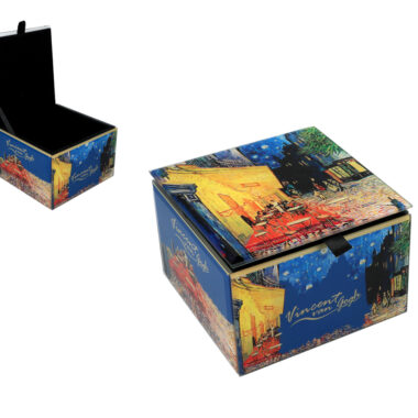 κουτι κοσμημάτων γυάλινο με έργο ζωγραφικής του βαν γκογκ ηλιοτρόπια, με βελούδο εσωτερικά Jewelry glass box - V. van Gogh, καφενείο στο παρίσι (Carmani) ομορφο και χρηστικό δώρο, ιδιαίτερο μοναδικό δωρο, μοσχάτο, μπιζουτιέρα για δώρο