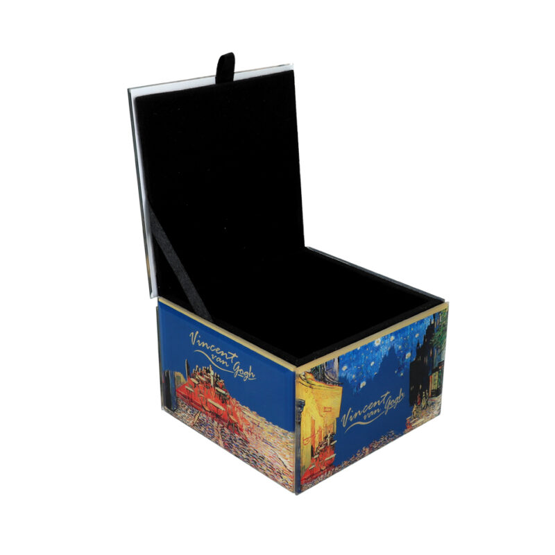 κουτι κοσμημάτων γυάλινο με έργο ζωγραφικής του βαν γκογκ ηλιοτρόπια, με βελούδο εσωτερικά Jewelry glass box - V. van Gogh, καφενείο στο παρίσι (Carmani) ομορφο και χρηστικό δώρο, ιδιαίτερο μοναδικό δωρο, μοσχάτο, μπιζουτιέρα για δώρο