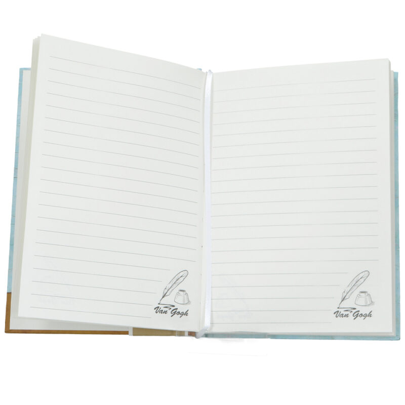 "Elevate your note-taking experience with our V. van Gogh 'Blooming Almond' notebook by Carmani, sized at 13.2x18.3cm. This notebook boasts 80 lined pages for organized jotting, complemented by a built-in pen holder and elastic band for securing business cards or notes. The decorative and durable cover adds both style and longevity to this functional notebook."