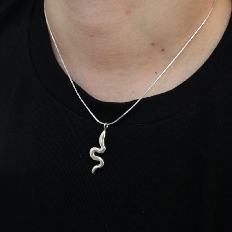 Handcrafted silver snake pendant necklace, small serpent design in sterling silver 925, affordable bohemian artisan jewelry, mystical and symbolic accessory by Sunny Designs, Κολιέ Small Snake από ασήμι 925, χειροποίητο μενταγιόν φιδιού σε ασημένια αλυσίδα, συμβολικό κόσμημα, boho χειροποίητο αξεσουάρ από τη Sunny Designs