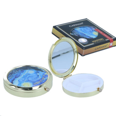 Round pill box with mirror - V. van Gogh, Starry night (CARMANI), θηκη για χαπια με καθρεπτη με εργο τεχνης