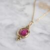 Harmony necklace with pink round stone, handmade artisan pendant in 24k gold plated brass on stainless steel chain, symbolic circle jewelry, boho gemstone necklace, unique handmade small business accessory by Sunny Designs Κολιέ Harmony με ροζ πέτρα, κομψό χειροποίητο επιχρυσωμένο σχέδιο 24 καρατίων, boho κόσμημα για layering ή καθημερινή χρήση, μοναδικό κόσμημα μικρής επιχείρησης Sunny Designs