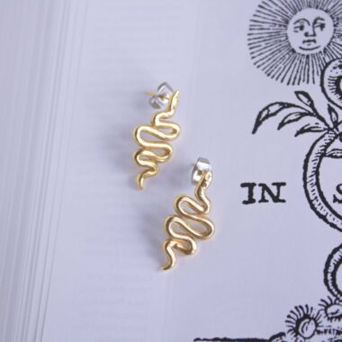 Spiral Serpent stud earrings, handmade brass earrings with symbolic spiral snake design. Unique artisan statement jewelry inspired by mythology and nature, affordable wearable art by Sunny Designs small business. Σκουλαρίκια Spiral Serpent καρφωτά, χειροποίητα σκουλαρίκια από ορείχαλκο με συμβολικό σχέδιο σπείρας φιδιού. Μοναδικά statement κοσμήματα εμπνευσμένα από τη μυθολογία και τη φύση, προσιτά χειροποίητα έργα τέχνης από τη μικρή επιχείρηση Sunny Designs.