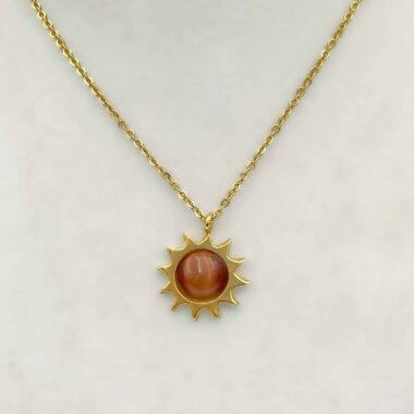 sun necklace handmade goldplated 24K plating, χειροποιητο κοσμημα, χειροποιητο κολιε ήλιος με πετρα ματι της γατας, χειροποιητο κολιε , κοσμηματα μοσχατο