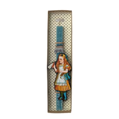 Αρωματική πασχαλινή λαμπάδα με ξύλινο διακοσμητικό "Η Αλίκη στη χώρα των θαυμάτων".