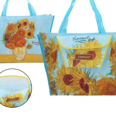 Shoulder bag with a pocket - V. van Gogh, sunflowers (Carmani) tsanta gia pswnia , tsanta supermarket me ton van gogh, shopping bag van gogh, dwra texnis, aesthetic bag, mosxato, iliotropia , Ηλιοτρόπια