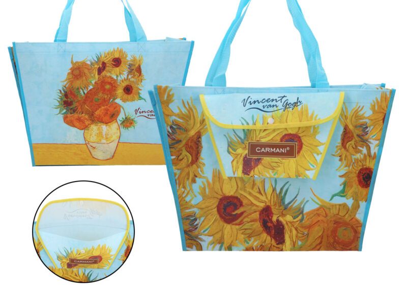 Shoulder bag with a pocket - V. van Gogh, sunflowers (Carmani) tsanta gia pswnia , tsanta supermarket me ton van gogh, shopping bag van gogh, dwra texnis, aesthetic bag, mosxato, iliotropia , Ηλιοτρόπια