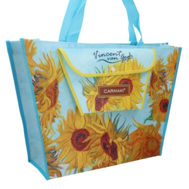 Shoulder bag with a pocket - V. van Gogh, sunflowers (Carmani) tsanta gia pswnia , tsanta supermarket me ton van gogh, shopping bag van gogh, dwra texnis, aesthetic bag, mosxato, iliotropia