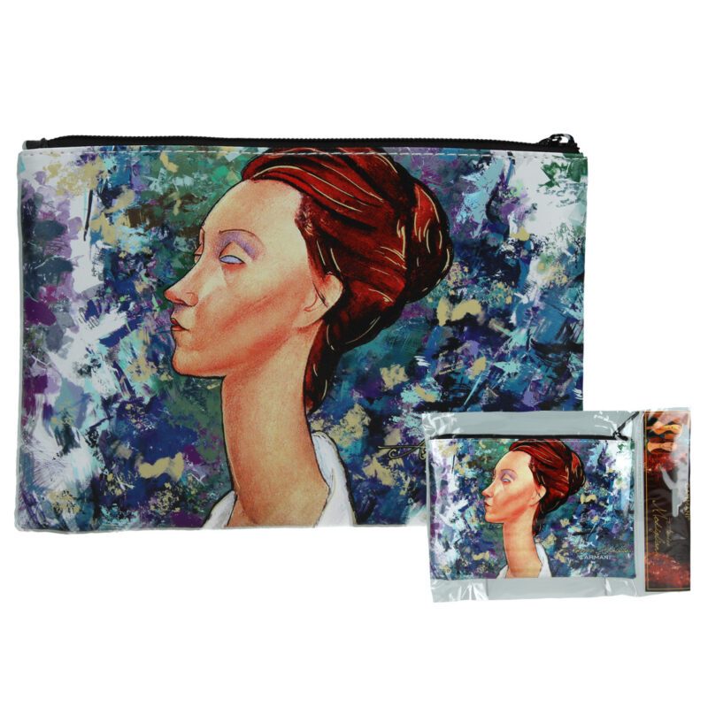 "Cosmetic bag featuring Amedeo Modigliani's artwork by Carmani. Amedeo Modigliani, cosmetic bag, art-inspired accessory, Modigliani gift, stylish pouch, eco-friendly bag, unique design, functional art, gift for art lovers. "Τσάντα καλλυντικών με έργο του Αμεντέο Μοντιλιάνι από την Carmani. Αμεντέο Μοντιλιάνι, τσάντα καλλυντικών, αξεσουάρ εμπνευσμένο από τέχνη, δώρο Μοντιλιάνι, στυλάτη θήκη, οικολογική τσάντα, μοναδικός σχεδιασμός, λειτουργική τέχνη, δώρο για λάτρεις της τέχνης.