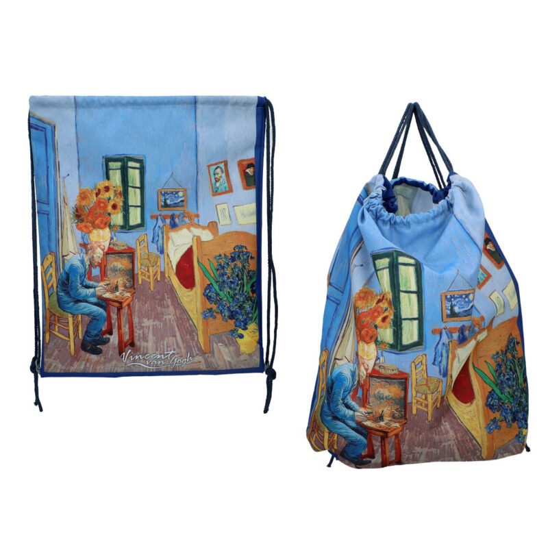 Backpack with cord stripes featuring Vincent van Gogh's Vincent's Bedroom in Arles artwork from 1889 by Carmani. Vincent van Gogh, Vincent's Bedroom in Arles, backpack, cord stripes, art-inspired backpack, functional art, van Gogh gift, stylish backpack, everyday use, home decor, unique gift for art lovers Σακίδιο με κορδόνια και σχέδιο του Βίνσεντ βαν Γκογκ, Το Υπνοδωμάτιο του Βίνσεντ στην Αρλ, 1889, από την Carmani. Βίνσεντ βαν Γκογκ, Το Υπνοδωμάτιο του Βίνσεντ στην Αρλ, σακίδιο, κορδόνια, σακίδιο εμπνευσμένο από τέχνη, λειτουργική τέχνη, δώρο βαν Γκογκ, στυλάτο σακίδιο, καθημερινή χρήση, διακόσμηση σπιτιού, μοναδικό δώρο για λάτρεις της τέχνης.