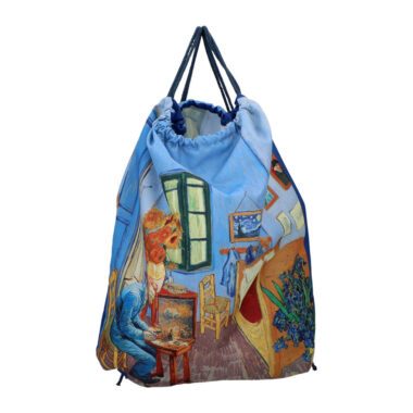 Backpack with cord stripes featuring Vincent van Gogh's Vincent's Bedroom in Arles artwork from 1889 by Carmani. Vincent van Gogh, Vincent's Bedroom in Arles, backpack, cord stripes, art-inspired backpack, functional art, van Gogh gift, stylish backpack, everyday use, home decor, unique gift for art lovers Σακίδιο με κορδόνια και σχέδιο του Βίνσεντ βαν Γκογκ, Το Υπνοδωμάτιο του Βίνσεντ στην Αρλ, 1889, από την Carmani. Βίνσεντ βαν Γκογκ, Το Υπνοδωμάτιο του Βίνσεντ στην Αρλ, σακίδιο, κορδόνια, σακίδιο εμπνευσμένο από τέχνη, λειτουργική τέχνη, δώρο βαν Γκογκ, στυλάτο σακίδιο, καθημερινή χρήση, διακόσμηση σπιτιού, μοναδικό δώρο για λάτρεις της τέχνης.