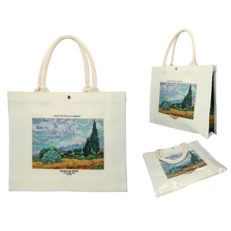 "Linen bag featuring Vincent van Gogh's Wheatfield with Cypresses artwork by Carmani, measuring 36x31x10cm. Vincent van Gogh, Wheatfield with Cypresses, linen bag, 36x31x10cm, art-inspired bag, van Gogh gift, stylish tote, eco-friendly bag, unique design, functional art, gift for art lovers. Τσάντα λινάτσα με έργο του Βίνσεντ βαν Γκογκ, Χώρα με κυπαρίσσια, από την Carmani, διαστάσεων 36x31x10cm. Βίνσεντ βαν Γκογκ, Χώρα με κυπαρίσσια, τσάντα λινάτσα, 36x31x10cm, τσάντα εμπνευσμένη από τέχνη, δώρο βαν Γκογκ, στυλάτη τσάντα, οικολογική τσάντα, μοναδικός σχεδιασμός, λειτουργική τέχνη, δώρο για λάτρεις της τέχνης.