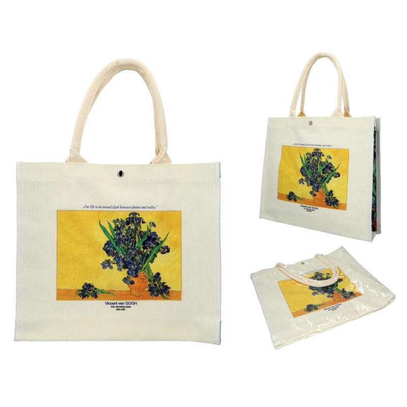 "Linen bag featuring Vincent van Gogh's Irises artwork by Carmani. Vincent van Gogh, Irises, linen bag, art-inspired bag, van Gogh gift, stylish tote, eco-friendly bag, unique design, functional art, gift for art lovers. Τσάντα λινάτσα με έργο του Βίνσεντ βαν Γκογκ, Ίριδες, από την Carmani. Βίνσεντ βαν Γκογκ, Ίριδες, τσάντα λινάτσα, τσάντα εμπνευσμένη από τέχνη, δώρο βαν Γκογκ, στυλάτη τσάντα, οικολογική τσάντα, μοναδικός σχεδιασμός, λειτουργική τέχνη, δώρο για λάτρεις της τέχνης.