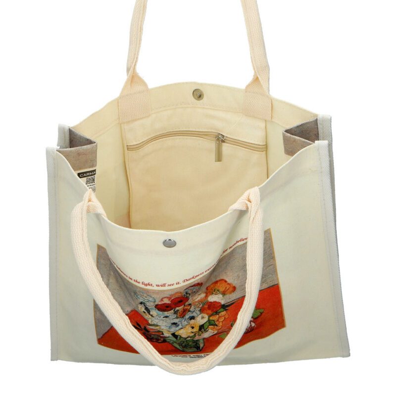 "Linen bag featuring Vincent van Gogh's Roses and Anemones artwork by Carmani. Vincent van Gogh, Roses and Anemones, linen bag, art-inspired bag, van Gogh gift, stylish tote, eco-friendly bag, unique design, functional art, gift for art lovers." "Τσάντα λινάτσα με έργο του Βίνσεντ βαν Γκογκ, Ροζ και Ανθοί, από την Carmani. Βίνσεντ βαν Γκογκ, Ροζ και Ανθοί, τσάντα λινάτσα, τσάντα εμπνευσμένη από τέχνη, δώρο βαν Γκογκ, στυλάτη τσάντα, οικολογική τσάντα, μοναδικός σχεδιασμός, λειτουργική τέχνη, δώρο για λάτρεις της τέχνης."