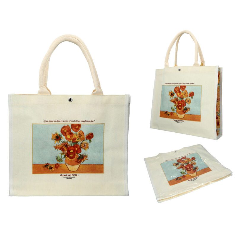 "Linen bag featuring Vincent van Gogh's Sunflowers artwork by Carmani. Vincent van Gogh, Sunflowers, linen bag, art-inspired bag, van Gogh gift, stylish tote, eco-friendly bag, unique design, functional art, gift for art lovers. Τσάντα λινάτσα με έργο του Βίνσεντ βαν Γκογκ, Ηλιοτρόπια, από την Carmani. Βίνσεντ βαν Γκογκ, Ηλιοτρόπια, τσάντα λινάτσα, τσάντα εμπνευσμένη από τέχνη, δώρο βαν Γκογκ, στυλάτη τσάντα, οικολογική τσάντα, μοναδικός σχεδιασμός, λειτουργική τέχνη, δώρο για λάτρεις της τέχνης.