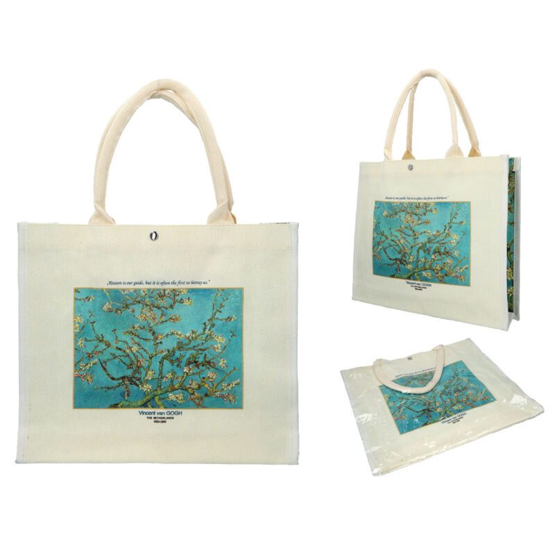 Linen bag featuring Vincent van Gogh's Blossoming Almond Tree artwork by Carmani. Vincent van Gogh, Blossoming Almond Tree, linen bag, art-inspired bag, van Gogh gift, stylish tote, eco-friendly bag, unique design, functional art, gift for art lovers , Τσάντα λινάτσα με έργο του Βίνσεντ βαν Γκογκ, Ανθισμένο Αμύγδαλο, από την Carmani. Βίνσεντ βαν Γκογκ, Ανθισμένο Αμύγδαλο, τσάντα λινάτσα, τσάντα εμπνευσμένη από τέχνη, δώρο βαν Γκογκ, στυλάτη τσάντα, οικολογική τσάντα, μοναδικός σχεδιασμός, λειτουργική τέχνη, δώρο για λάτρεις της τέχνης