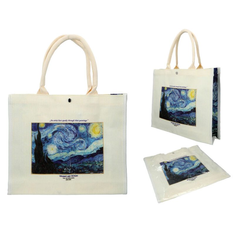 "Linen bag featuring Vincent van Gogh's Starry Night artwork by Carmani. Vincent van Gogh, Starry Night, linen bag, art-inspired bag, van Gogh gift, stylish tote, eco-friendly bag, unique design, functional art, gift for art lovers. Τσάντα λινάτσα με έργο του Βίνσεντ βαν Γκογκ, Το Αστεροβραδινό, από την Carmani. Βίνσεντ βαν Γκογκ, Το Αστεροβραδινό, τσάντα λινάτσα, τσάντα εμπνευσμένη από τέχνη, δώρο βαν Γκογκ, στυλάτη τσάντα, οικολογική τσάντα, μοναδικός σχεδιασμός, λειτουργική τέχνη, δώρο για λάτρεις της τέχνης