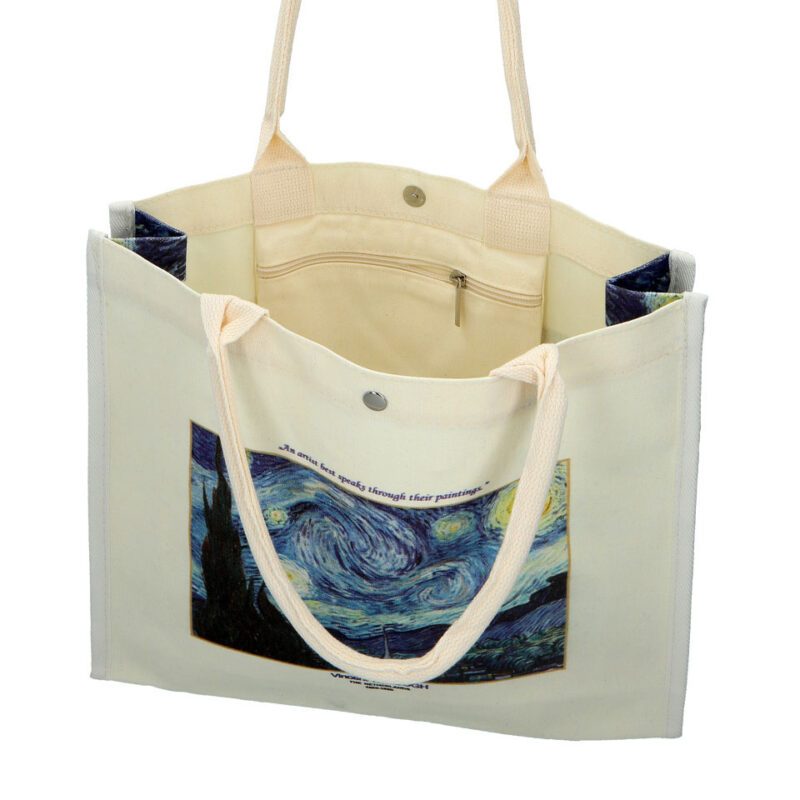 "Linen bag featuring Vincent van Gogh's Starry Night artwork by Carmani. Vincent van Gogh, Starry Night, linen bag, art-inspired bag, van Gogh gift, stylish tote, eco-friendly bag, unique design, functional art, gift for art lovers. Τσάντα λινάτσα με έργο του Βίνσεντ βαν Γκογκ, Το Αστεροβραδινό, από την Carmani. Βίνσεντ βαν Γκογκ, Το Αστεροβραδινό, τσάντα λινάτσα, τσάντα εμπνευσμένη από τέχνη, δώρο βαν Γκογκ, στυλάτη τσάντα, οικολογική τσάντα, μοναδικός σχεδιασμός, λειτουργική τέχνη, δώρο για λάτρεις της τέχνης