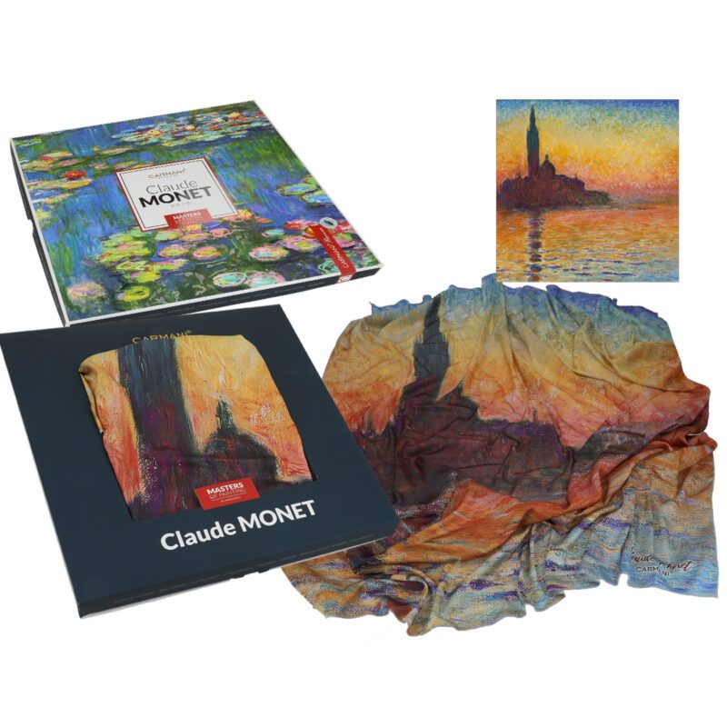 Elegant scarf featuring Claude Monet's masterpiece, "San Giorgio Maggiore at Sunset," from Carmani. This beautifully designed scarf adds a touch of artistic flair to any outfit and is perfect for art lovers. Ideal as a thoughtful gift, it comes with gift packaging, making it a stylish and affordable Christmas gift. Monet scarf, Carmani scarf, artistic accessory, fashion scarf, art gifts, unique scarf, gift packaging, Christmas gift, cheap Christmas gift Κασκόλ με το αριστούργημα του Κλοντ Μονέ, "Σαν Τζόρτζιο Ματζόρε κατά τη Δύση του Ήλιου", από την Carmani. Αυτό το όμορφα σχεδιασμένο κασκόλ προσθέτει μια πινελιά καλλιτεχνικής κομψότητας σε κάθε εμφάνιση και είναι ιδανικό για τους λάτρεις της τέχνης. Ιδανικό ως στοχαστικό δώρο, συνοδεύεται από συσκευασία δώρου, καθιστώντας το στυλάτο και οικονομικό χριστουγεννιάτικο δώρο. Κασκόλ Μονέ, κασκόλ Carmani, καλλιτεχνικό αξεσουάρ, μόδα, δώρα τέχνης, μοναδικό κασκόλ, συσκευασία δώρου, χριστουγεννιάτικο δώρο, δώρο Χριστουγέννων