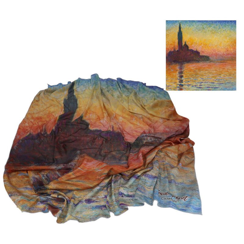 Elegant scarf featuring Claude Monet's masterpiece, "San Giorgio Maggiore at Sunset," from Carmani. This beautifully designed scarf adds a touch of artistic flair to any outfit and is perfect for art lovers. Ideal as a thoughtful gift, it comes with gift packaging, making it a stylish and affordable Christmas gift. Monet scarf, Carmani scarf, artistic accessory, fashion scarf, art gifts, unique scarf, gift packaging, Christmas gift, cheap Christmas gift Κασκόλ με το αριστούργημα του Κλοντ Μονέ, "Σαν Τζόρτζιο Ματζόρε κατά τη Δύση του Ήλιου", από την Carmani. Αυτό το όμορφα σχεδιασμένο κασκόλ προσθέτει μια πινελιά καλλιτεχνικής κομψότητας σε κάθε εμφάνιση και είναι ιδανικό για τους λάτρεις της τέχνης. Ιδανικό ως στοχαστικό δώρο, συνοδεύεται από συσκευασία δώρου, καθιστώντας το στυλάτο και οικονομικό χριστουγεννιάτικο δώρο. Κασκόλ Μονέ, κασκόλ Carmani, καλλιτεχνικό αξεσουάρ, μόδα, δώρα τέχνης, μοναδικό κασκόλ, συσκευασία δώρου, χριστουγεννιάτικο δώρο, δώρο Χριστουγέννων