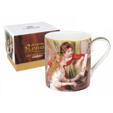 Mug featuring Pierre-Auguste Renoir's Two Young Girls at the Piano artwork, 380ml by Carmani. Pierre-Auguste Renoir, Two Young Girls at the Piano, mug, 380ml, Carmani, ceramic mug, art-inspired mug, classical art mug, gift mug, coffee cup, tea mug, home decor, Renoir gift, music theme. 