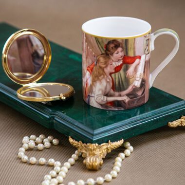 Mug featuring Pierre-Auguste Renoir's Two Young Girls at the Piano artwork, 380ml by Carmani. Pierre-Auguste Renoir, Two Young Girls at the Piano, mug, 380ml, Carmani, ceramic mug, art-inspired mug, classical art mug, gift mug, coffee cup, tea mug, home decor, Renoir gift, music theme. 