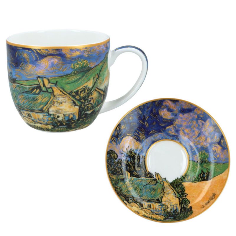 "Set of 2 cups and saucers featuring Vincent van Gogh's Thatched Cottages artwork, 0.25L by Carmani. Vincent van Gogh, Thatched Cottages, set of cups and saucers, 0.25L, Carmani, ceramic cup set, art-inspired tableware, van Gogh gift set, tea cups, coffee cups, home decor, countryside cottages, rustic set, gift for art lovers. Σετ 2 φλιτζανιών και πιάτων με έργο του Βίνσεντ βαν Γκογκ, Αχυρένια σπίτια, 0.25L από την Carmani. Βίνσεντ βαν Γκογκ, Αχυρένια σπίτια, σετ φλιτζάνια και πιατάκια, 0.25L, Carmani, κεραμικό σετ φλιτζανιών, επιτραπέζια σκεύη εμπνευσμένα από τέχνη, σετ δώρου βαν Γκογκ, φλιτζάνια τσαγιού, φλιτζάνια καφέ, διακόσμηση σπιτιού, εξοχικά σπίτια, ρουστίκ σετ, δώρο για λάτρεις της τέχνης.