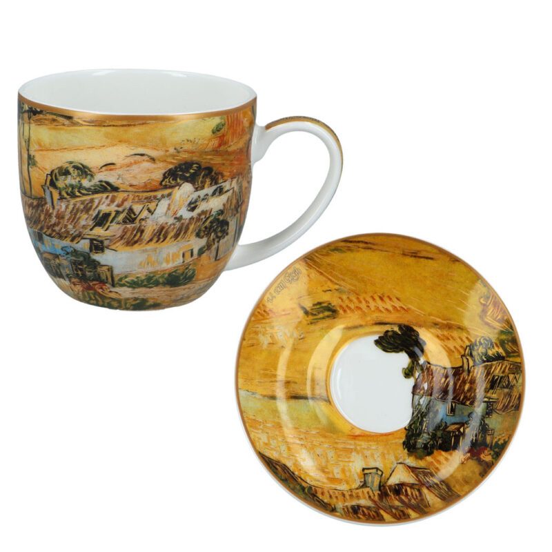 "Set of 2 cups and saucers featuring Vincent van Gogh's Thatched Cottages artwork, 0.25L by Carmani. Vincent van Gogh, Thatched Cottages, set of cups and saucers, 0.25L, Carmani, ceramic cup set, art-inspired tableware, van Gogh gift set, tea cups, coffee cups, home decor, countryside cottages, rustic set, gift for art lovers. Σετ 2 φλιτζανιών και πιάτων με έργο του Βίνσεντ βαν Γκογκ, Αχυρένια σπίτια, 0.25L από την Carmani. Βίνσεντ βαν Γκογκ, Αχυρένια σπίτια, σετ φλιτζάνια και πιατάκια, 0.25L, Carmani, κεραμικό σετ φλιτζανιών, επιτραπέζια σκεύη εμπνευσμένα από τέχνη, σετ δώρου βαν Γκογκ, φλιτζάνια τσαγιού, φλιτζάνια καφέ, διακόσμηση σπιτιού, εξοχικά σπίτια, ρουστίκ σετ, δώρο για λάτρεις της τέχνης.