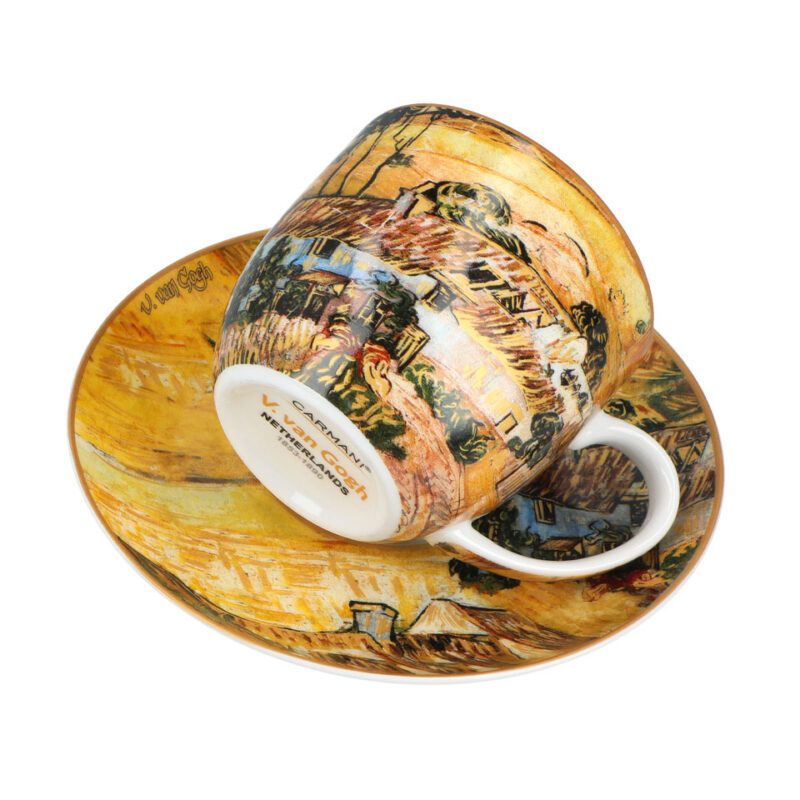 "Set of 2 cups and saucers featuring Vincent van Gogh's Thatched Cottages artwork, 0.25L by Carmani. Vincent van Gogh, Thatched Cottages, set of cups and saucers, 0.25L, Carmani, ceramic cup set, art-inspired tableware, van Gogh gift set, tea cups, coffee cups, home decor, countryside cottages, rustic set, gift for art lovers. Σετ 2 φλιτζανιών και πιάτων με έργο του Βίνσεντ βαν Γκογκ, Αχυρένια σπίτια, 0.25L από την Carmani. Βίνσεντ βαν Γκογκ, Αχυρένια σπίτια, σετ φλιτζάνια και πιατάκια, 0.25L, Carmani, κεραμικό σετ φλιτζανιών, επιτραπέζια σκεύη εμπνευσμένα από τέχνη, σετ δώρου βαν Γκογκ, φλιτζάνια τσαγιού, φλιτζάνια καφέ, διακόσμηση σπιτιού, εξοχικά σπίτια, ρουστίκ σετ, δώρο για λάτρεις της τέχνης.