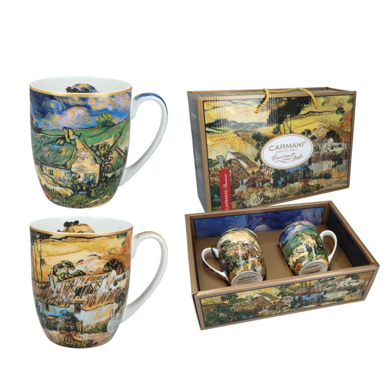 "Set of 2 cups featuring Vincent van Gogh's Thatched Houses and Cottages artwork, 400ml by Carmani. Vincent van Gogh, Thatched Houses and Cottages, set of cups, 400ml, 0.46 kg, Carmani, ceramic cups, art-inspired cups, van Gogh gift set, coffee cups, tea cups, countryside cottages, home decor, rustic cups, gift for art lovers. Σετ 2 φλιτζανιών με έργο του Βίνσεντ βαν Γκογκ, Αχυρένια σπίτια και εξοχικά, 400ml από την Carmani. Βίνσεντ βαν Γκογκ, Αχυρένια σπίτια και εξοχικά, σετ φλιτζάνια, 400ml, 0.46 kg, Carmani, κεραμικά φλιτζάνια, φλιτζάνια εμπνευσμένα από τέχνη, σετ δώρου βαν Γκογκ, φλιτζάνια καφέ, φλιτζάνια τσαγιού, εξοχικά σπίτια, διακόσμηση σπιτιού, ρουστίκ φλιτζάνια, δώρο για λάτρεις της τέχνης.