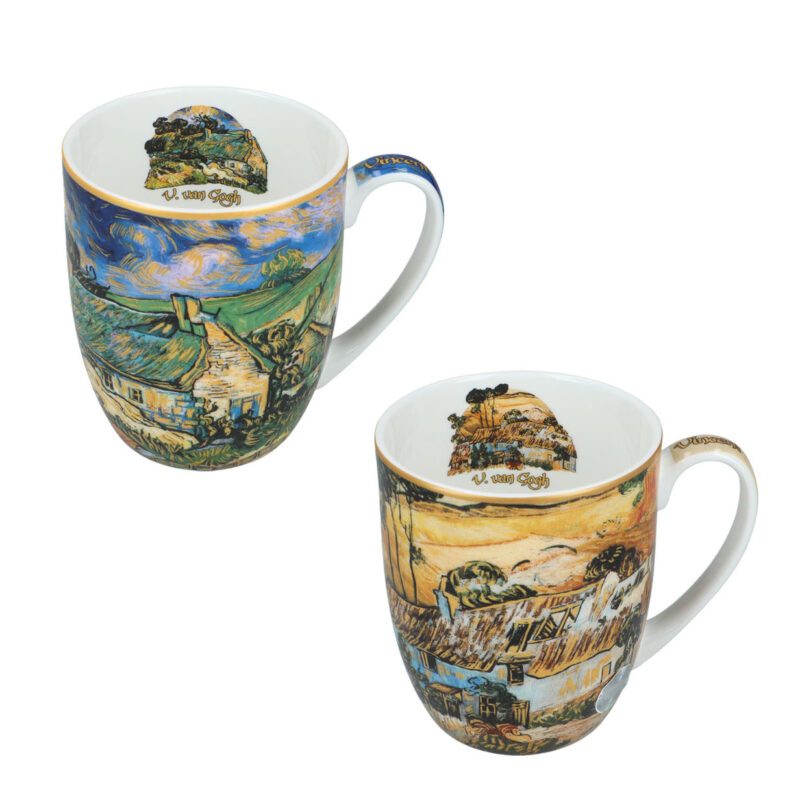 "Set of 2 cups featuring Vincent van Gogh's Thatched Houses and Cottages artwork, 400ml by Carmani. Vincent van Gogh, Thatched Houses and Cottages, set of cups, 400ml, 0.46 kg, Carmani, ceramic cups, art-inspired cups, van Gogh gift set, coffee cups, tea cups, countryside cottages, home decor, rustic cups, gift for art lovers. Σετ 2 φλιτζανιών με έργο του Βίνσεντ βαν Γκογκ, Αχυρένια σπίτια και εξοχικά, 400ml από την Carmani. Βίνσεντ βαν Γκογκ, Αχυρένια σπίτια και εξοχικά, σετ φλιτζάνια, 400ml, 0.46 kg, Carmani, κεραμικά φλιτζάνια, φλιτζάνια εμπνευσμένα από τέχνη, σετ δώρου βαν Γκογκ, φλιτζάνια καφέ, φλιτζάνια τσαγιού, εξοχικά σπίτια, διακόσμηση σπιτιού, ρουστίκ φλιτζάνια, δώρο για λάτρεις της τέχνης.