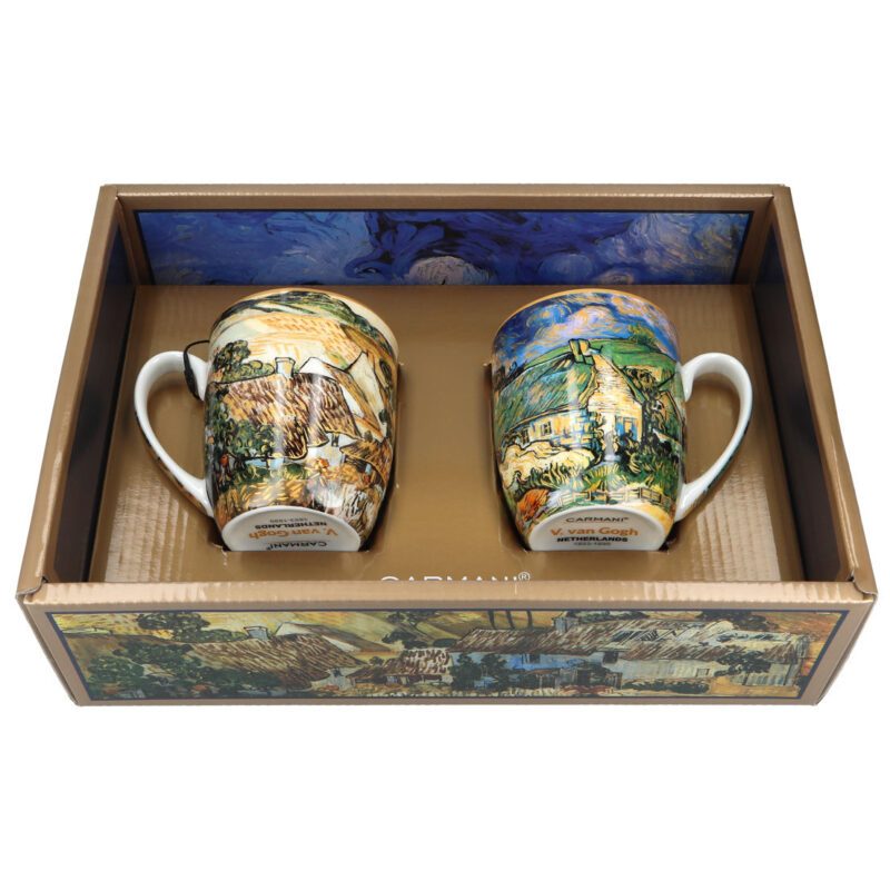 "Set of 2 cups featuring Vincent van Gogh's Thatched Houses and Cottages artwork, 400ml by Carmani. Vincent van Gogh, Thatched Houses and Cottages, set of cups, 400ml, 0.46 kg, Carmani, ceramic cups, art-inspired cups, van Gogh gift set, coffee cups, tea cups, countryside cottages, home decor, rustic cups, gift for art lovers. Σετ 2 φλιτζανιών με έργο του Βίνσεντ βαν Γκογκ, Αχυρένια σπίτια και εξοχικά, 400ml από την Carmani. Βίνσεντ βαν Γκογκ, Αχυρένια σπίτια και εξοχικά, σετ φλιτζάνια, 400ml, 0.46 kg, Carmani, κεραμικά φλιτζάνια, φλιτζάνια εμπνευσμένα από τέχνη, σετ δώρου βαν Γκογκ, φλιτζάνια καφέ, φλιτζάνια τσαγιού, εξοχικά σπίτια, διακόσμηση σπιτιού, ρουστίκ φλιτζάνια, δώρο για λάτρεις της τέχνης.