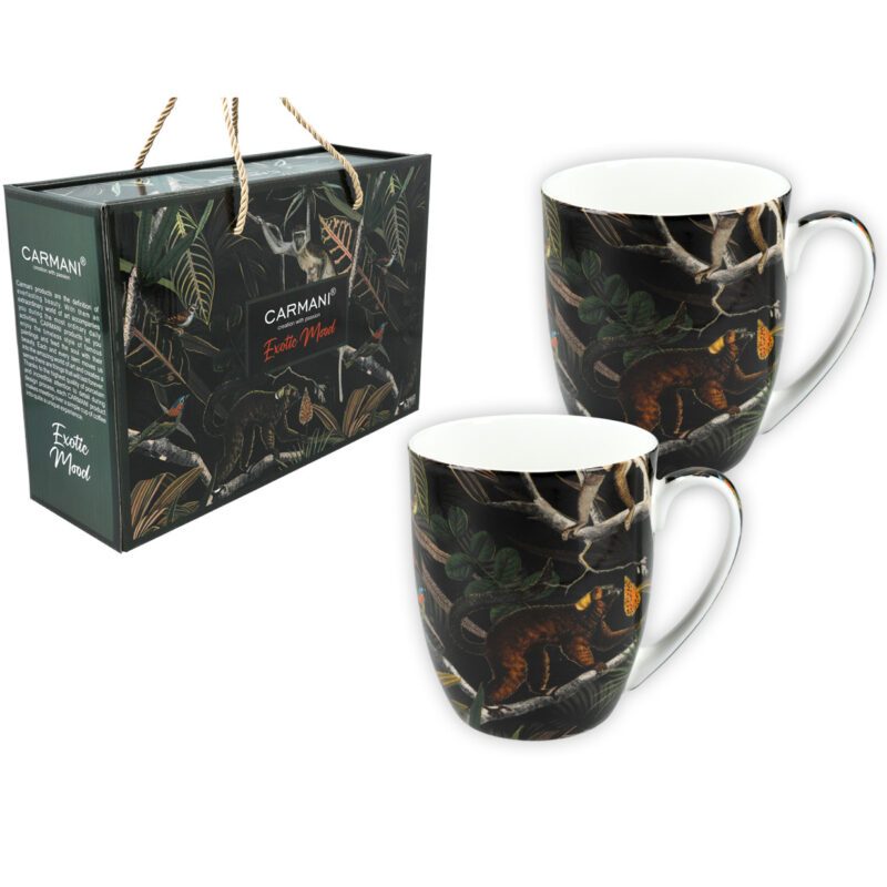 Set of two porcelain mugs featuring an exotic mood design from Carmani, each with a capacity of 400ml. These beautifully crafted mugs are perfect for enjoying your favorite beverages and add a vibrant touch to your kitchen. Ideal as a thoughtful gift, they come with gift packaging, making them a delightful present for any occasion. Carmani mugs, exotic design mugs, porcelain mugs, tea and coffee mugs, unique gifts, gift packaging, stylish home decor, thoughtful gift Σετ από 2 κούπες πορσελάνης με σχέδιο εξωτικής ατμόσφαιρας από την Carmani, η κάθε μία έχει χωρητικότητα 400ml. Αυτές οι όμορφα κατασκευασμένες κούπες είναι ιδανικές για να απολαμβάνετε τα αγαπημένα σας ποτά και προσθέτουν μια ζωντανή πινελιά στην κουζίνα σας. Ιδανικές ως στοχαστικά δώρα, συνοδεύονται από συσκευασία δώρου, καθιστώντας τες μια ευχάριστη επιλογή για κάθε περίσταση. Κούπες Carmani, κούπες με εξωτικό σχέδιο, πορσελάνες κούπες, κούπες τσαγιού και καφέ, μοναδικά δώρα, συσκευασία δώρου, στυλάτη διακόσμηση σπιτιού, στοχαστικό δώρο