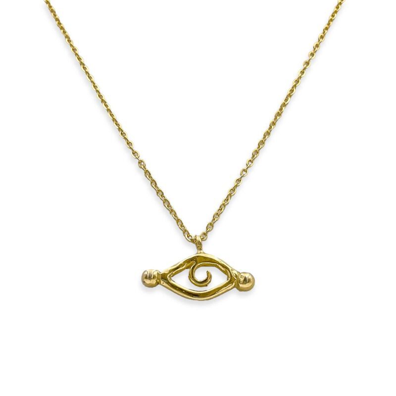 Handmade 24k gold-plated brass InnSaei necklace featuring a striking eye design. A symbolic and elegant piece, perfect for women and a meaningful gift from Sunny Designs. eye necklace, InnSaei necklace, gold-plated brass jewelry, 24k gold-plated necklace, handmade necklace, women’s jewelry, unique gift, stylish necklace, symbolic jewelry Χειροποίητο κολιέ InnSaei από επιχρυσωμένο ορείχαλκο 24 καρατίων με εντυπωσιακό σχέδιο ματιού. Ένα συμβολικό και κομψό κόσμημα, ιδανικό για γυναίκες και ένα ιδιαίτερο δώρο από τη Sunny Designs. κολιέ μάτι, κολιέ InnSaei, κόσμημα από επιχρυσωμένο ορείχαλκο, κολιέ επιχρυσωμένο 24 καρατίων, χειροποίητο κολιέ, γυναικείο κόσμημα, μοναδικό δώρο, κομψό κολιέ, συμβολικό κόσμημα